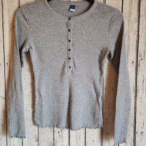 Old Navy small gray ribbed knit henley long sleeve lettuce edge slim fit